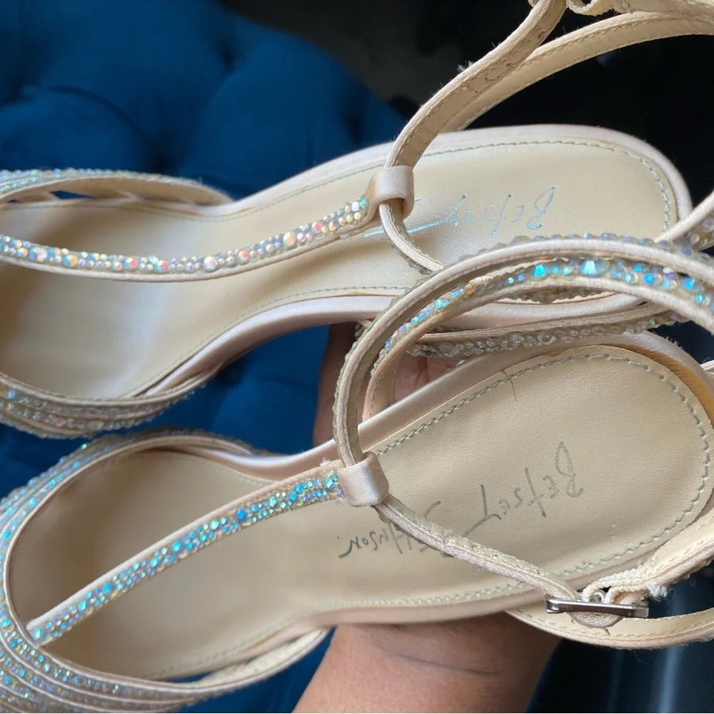 Betsey Johnson Nude Crystal Embellished T-Strap Heels